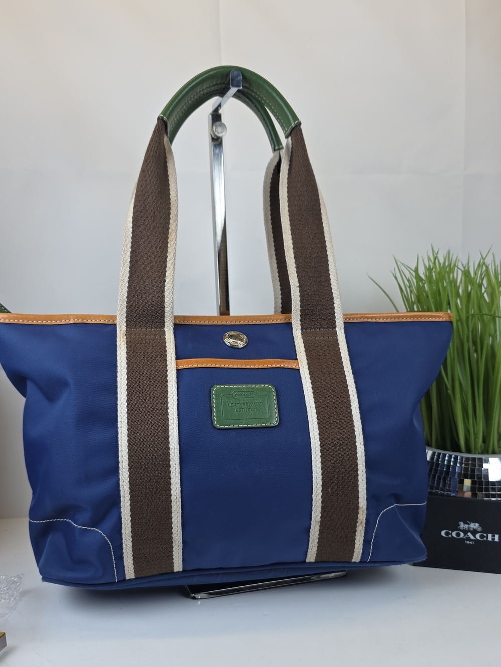 Coach Hampton Y2K Navy Canva Brown Cream Striped Web Handles Green Trim Tote Bag